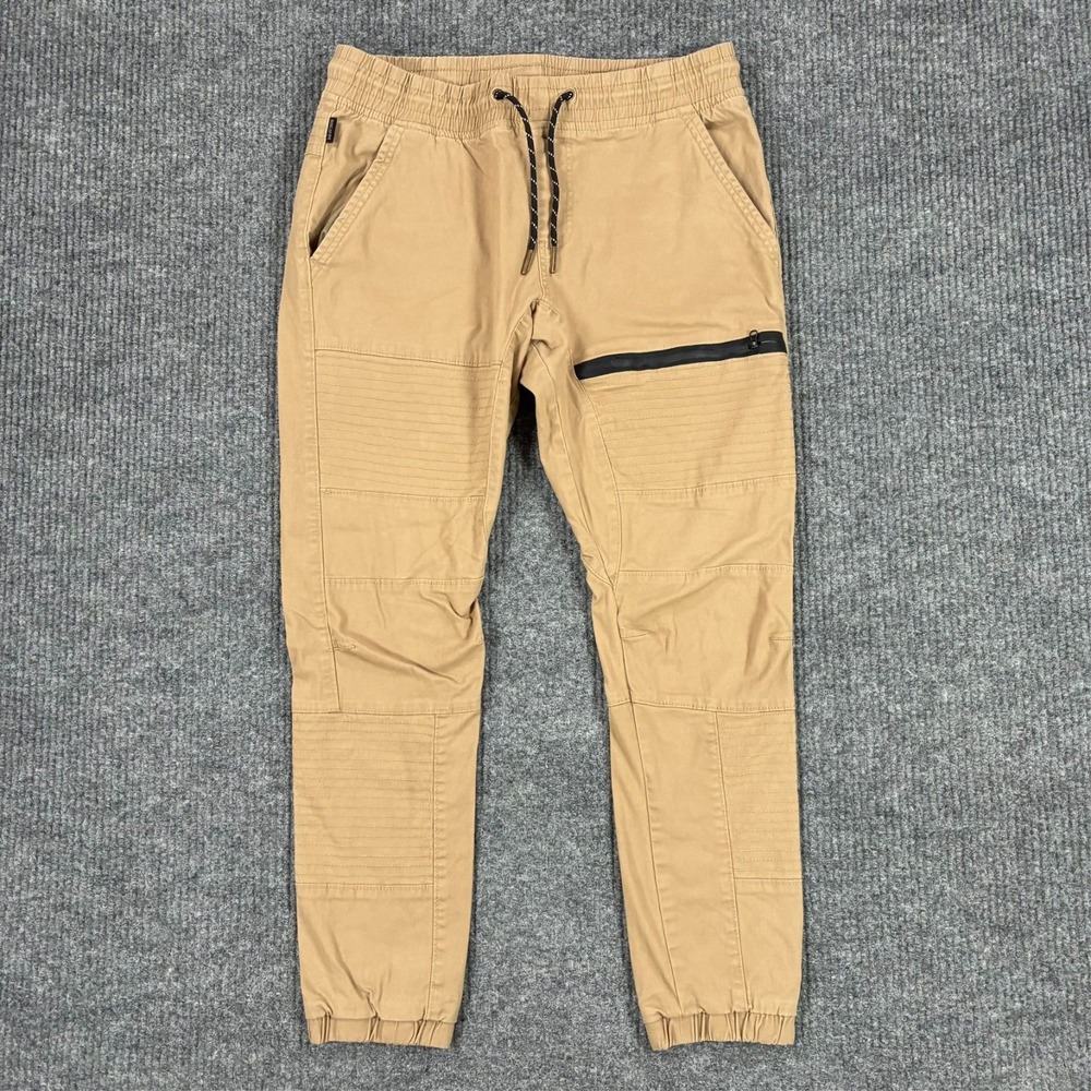 Ring of Fire Mens Moto Jogger Pants Size Large Khaki Stretch Zip Pocket Pull On